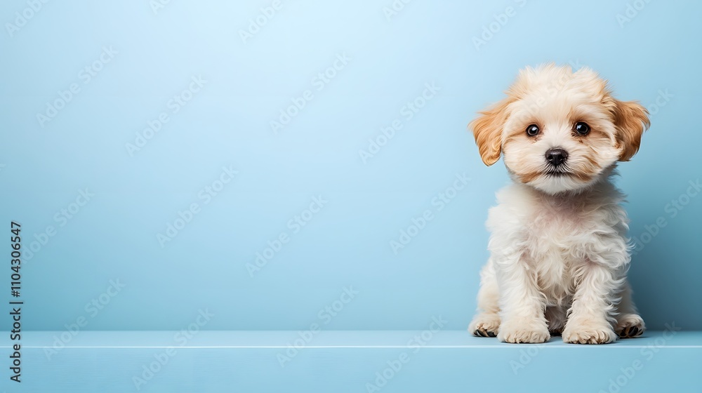 Cute maltipoo puppy dog on light blue background with copyspace Cute maltipoo puppy dog on light blue background with copyspace