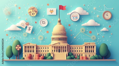Conceptual image of political economics featuring elements like government budgets taxation and economic policies with modern and engaging graphics