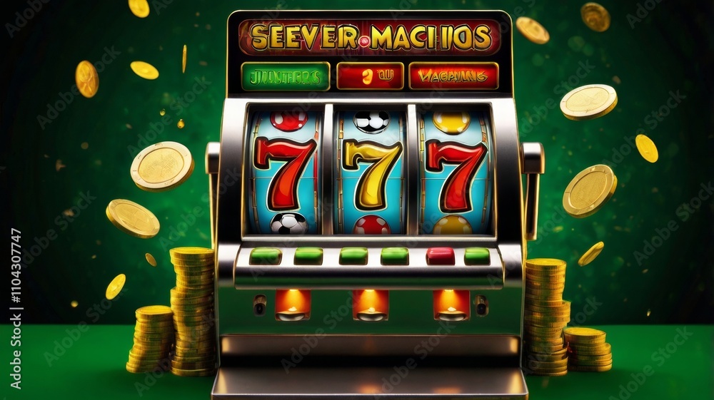 Winning sevens on slot machine with soccer balls and gold coins, vibrant green background enhances celebratory atmosphere of wealth and luck. Winning sevens on slot machine with soccer balls and gold coins, vibrant green background enhances celebratory atmosphere of wealth and luck.