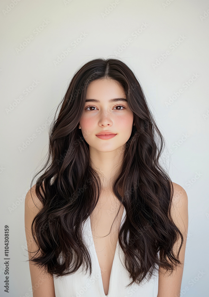 Asian young female with long dark hair in white top against light background Asian young female with long dark hair in white top against light background