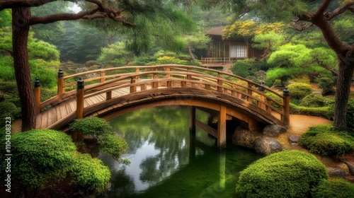 Serene Japanese Garden with Wooden Bridge and Tranquil Water Body