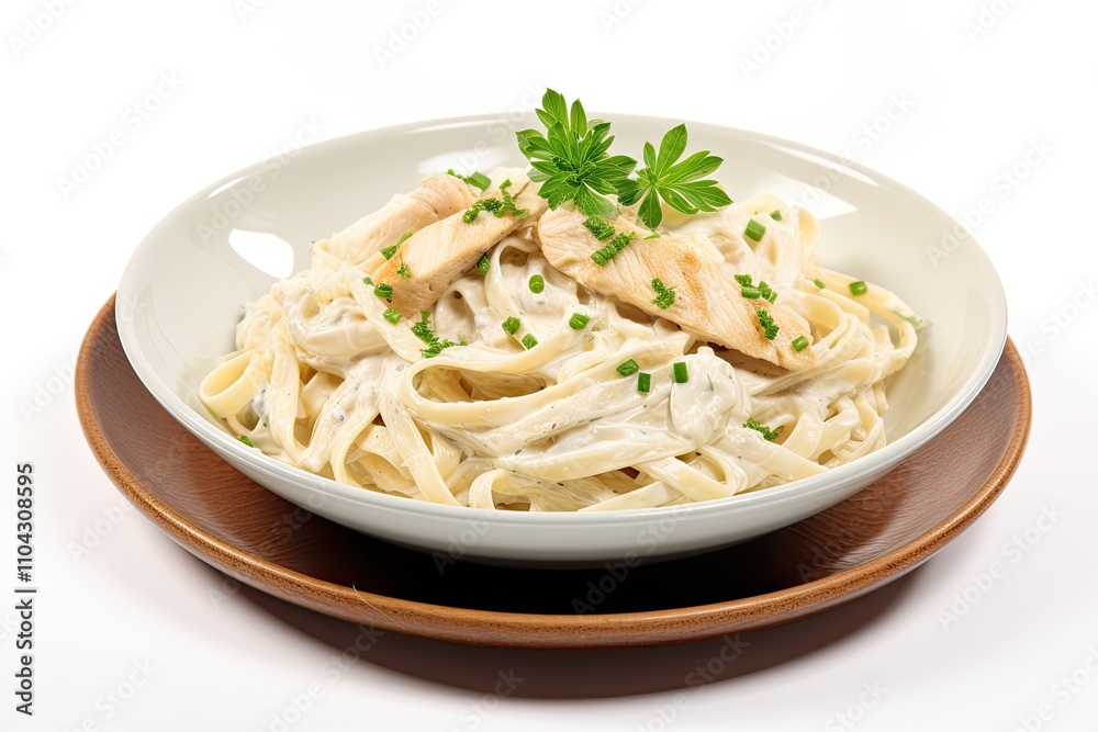 Close up of fettuccine alfredo pasta with chicken parmesan and parsley on white background Italian food Close up of fettuccine alfredo pasta with chicken parmesan and parsley on white background Italian food