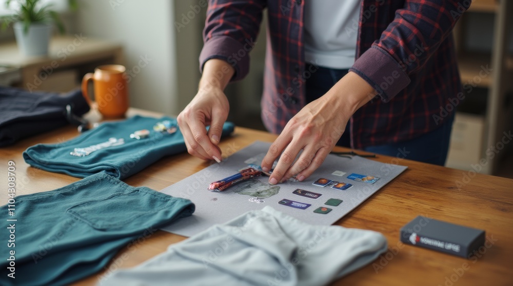 Preparing branded merchandise for promotional event in company swag kit. Concept Branded Merchandise, Promotional Items, Company Swag Kit, Event Giveaways, Marketing Materials