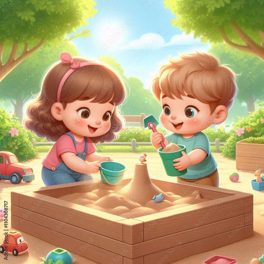 Naklejka premium Happy Toddlers Playing in the Sandbox