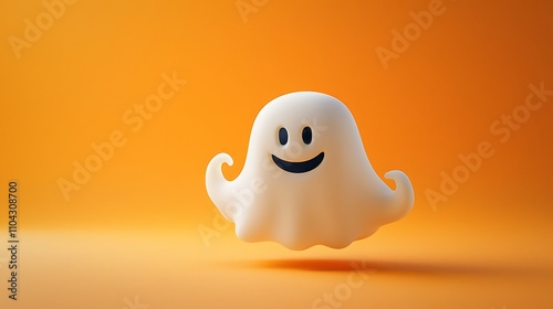 A friendly little ghost floating with a smile against an orange background