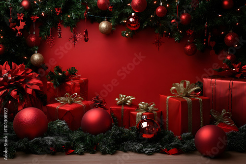 A vibrant display of red and gold Christmas decorations, presents, and ornaments.