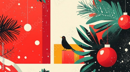 Festive Holiday Illustration with Bird and Ornaments photo