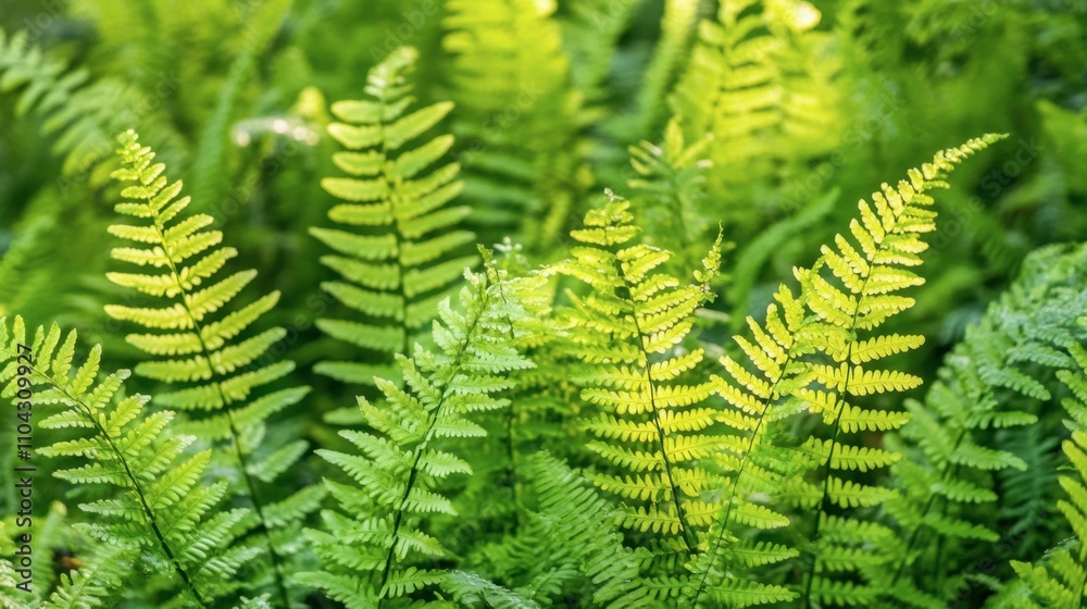 Lush Green Fern Leaves in Sunlit Forest Setting with Soft Focus Lush Green Fern Leaves in Sunlit Forest Setting with Soft Focus