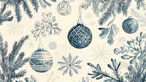 Vintage Holiday Ornament and Snowflake Illustration