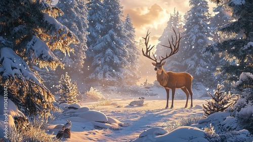 Majestic Deer in Snowy Winter Forest at Sunset photo