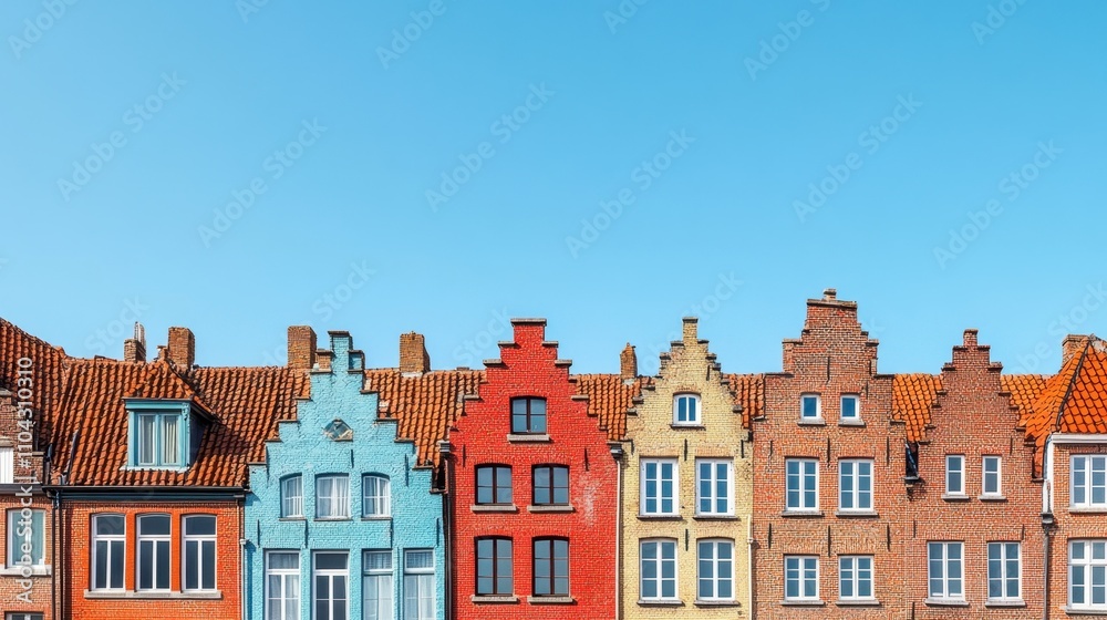 Fototapeta premium Colorful Gabled Houses with Bright Facades Against Clear Blue Sky