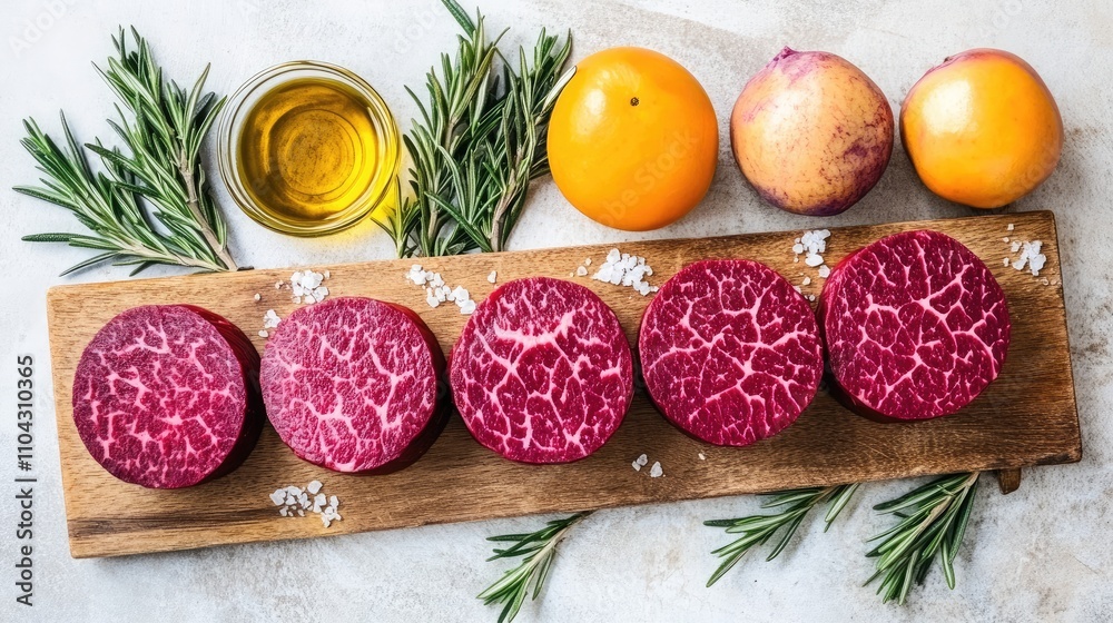 Fresh Cuts of Marbled Beef with Orange and Olive Oil Decor Fresh Cuts of Marbled Beef with Orange and Olive Oil Decor