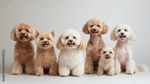 Various breeds of joyful dogs sit together in a row on a white background, emphasizing diversity and the delight of having pets. photo