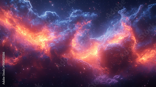 Colors of cosmic clouds glowing in the night sky with vibrant shades of orange and purple in a distant galaxy. Generative AI