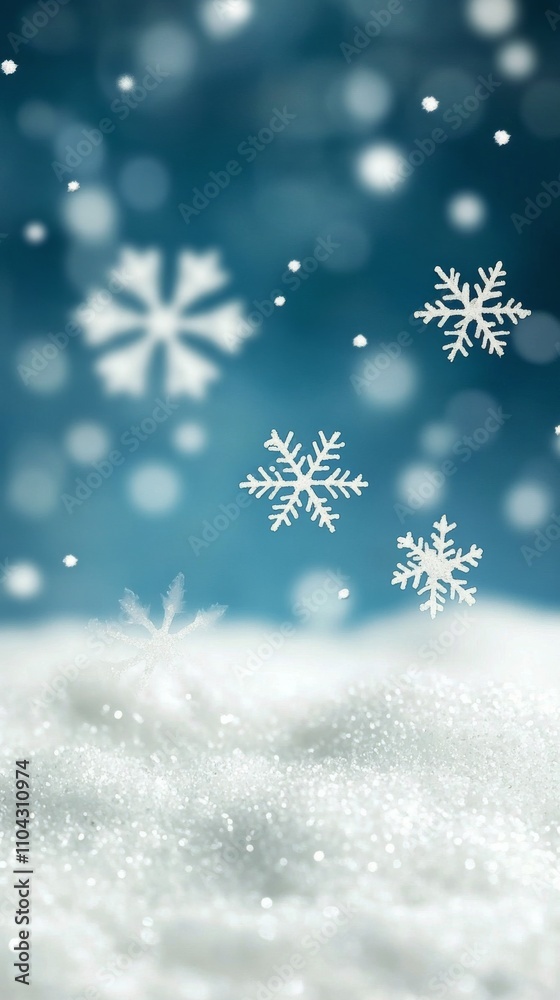 Snowflakes gently fall on a serene winter landscape during a calm evening