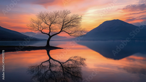 Solitary tree reflecting in tranquil lake at sunset with colorful sky and majestic mountain backdrop