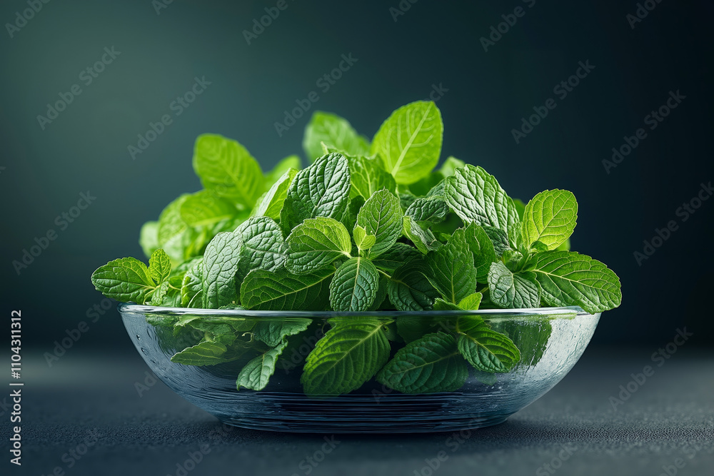 A glass bowl filled with fresh mint leaves on a table A glass bowl filled with fresh mint leaves on a table