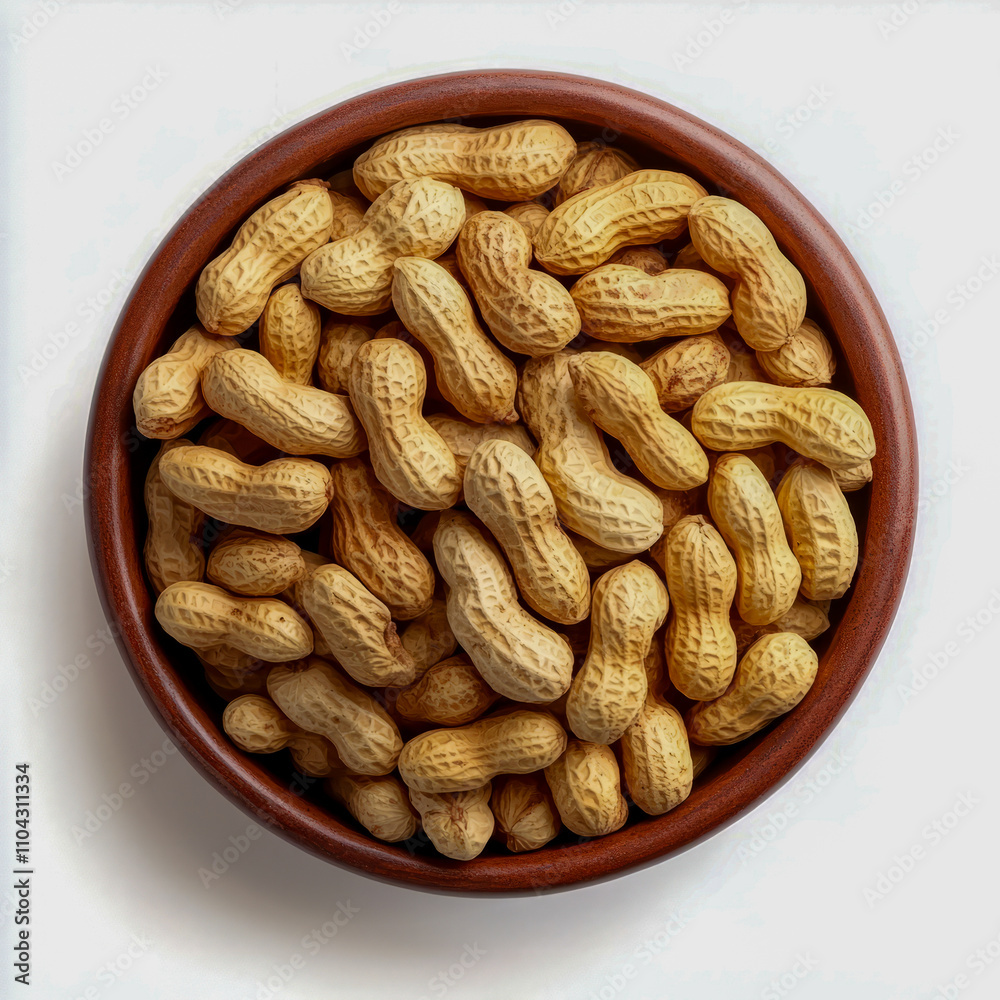 Brown bowl filled with unshelled peanuts on white background Brown bowl filled with unshelled peanuts on white background