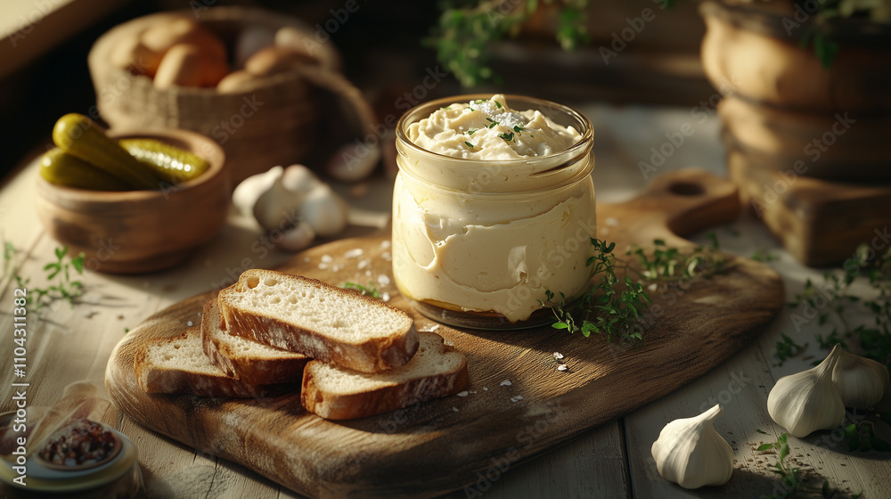 a rustic jar of creamy lard spread with freshly toasted slices of country bread, sprinkled with sea salt and fresh herbs, with garlic cloves and a small bowl of pickles for a classic accompaniment a rustic jar of creamy lard spread with freshly toasted slices of country bread, sprinkled with sea salt and fresh herbs, with garlic cloves and a small bowl of pickles for a classic accompaniment