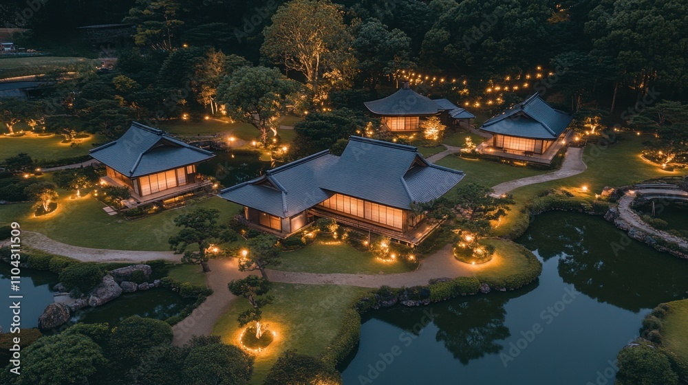 Fototapeta premium Serene Night View of Traditional Japanese Houses Surrounded by Nature