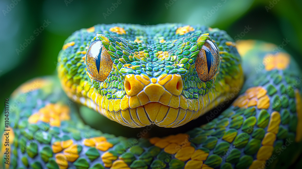 Close-up of a colorful speckled viper with bright scales in a jungle environment Close-up of a colorful speckled viper with bright scales in a jungle environment