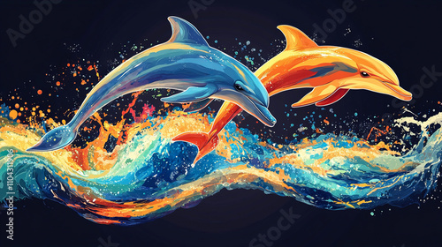 Vibrant artistic dolphins leaping through colorful ocean waves photo