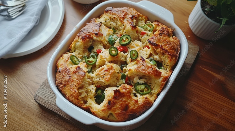 Savory Baked Dish with Peppers and Jalapeños in White Casserole Dish Savory Baked Dish with Peppers and Jalapeños in White Casserole Dish