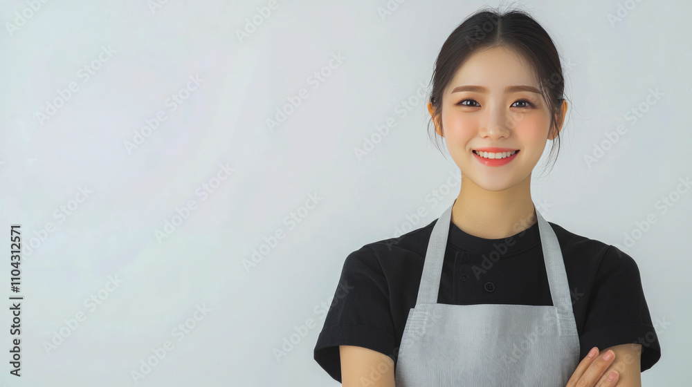 Smiling young asian female chef in black shirt and apron against light background Smiling young asian female chef in black shirt and apron against light background