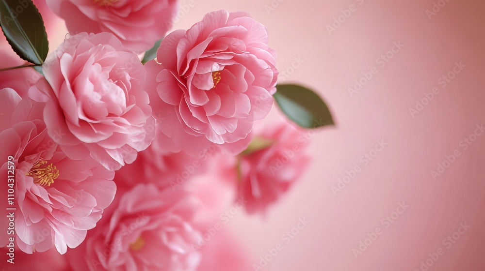 An elegant cascade of pink camellia flowers against a muted blush pink background, artistic close-up shot, Minimalist style An elegant cascade of pink camellia flowers against a muted blush pink background, artistic close-up shot, Minimalist style