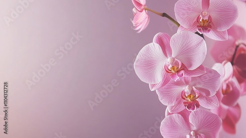 An elegant cascade of pink orchids against a deep mauve background, artistic close-up shot, Minimalist style