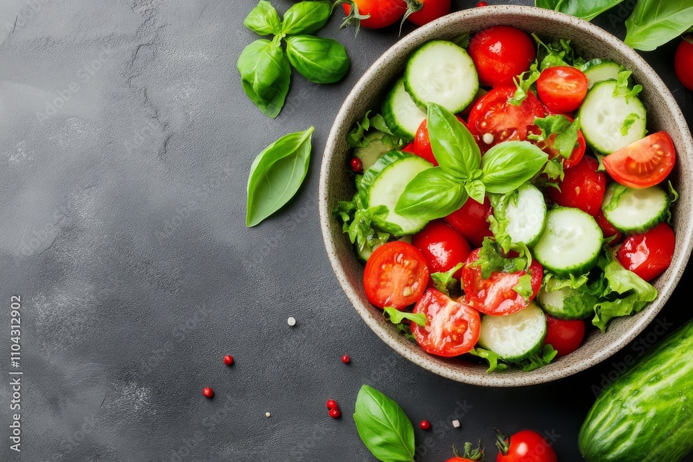 Fresh cherry tomato and cucumber salad with basil in wooden bowl on dark background Fresh cherry tomato and cucumber salad with basil in wooden bowl on dark background