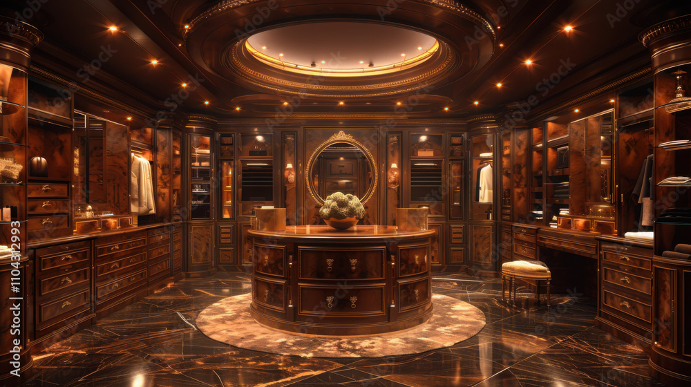Obraz premium A luxurious walk-in closet with custom shelving, a dressing island, and elegant lighting. Designed for style and organization.