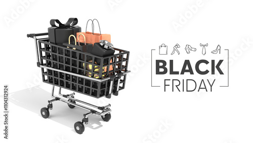 black friday banner with black gift box in realistic black shopping cart