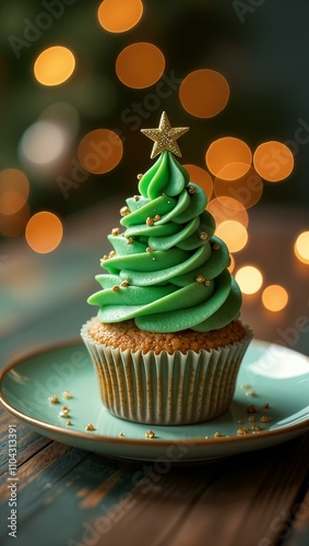 Christmas cupcake. Merry Christmas. White baking cups. Delicious cupcakes, cakes or muffins with green cream, icing and gold star and sprinkles. Homemade pastries, pastry shop