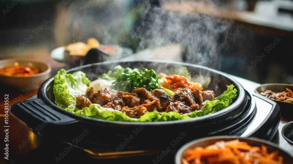Fototapeta premium Delicious sizzling Korean barbecue dish with fresh ingredients