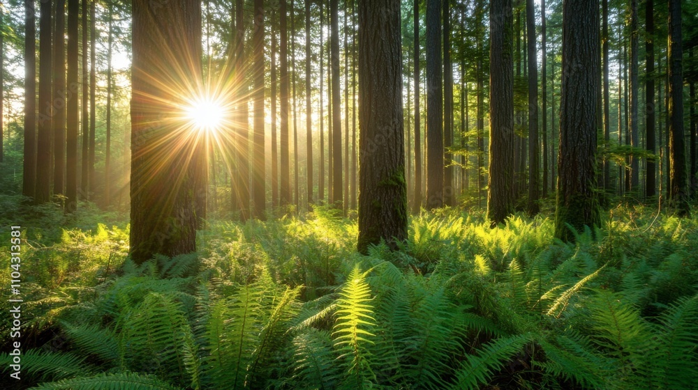 Obraz premium Sunlight Rays Filtering Through Trees in a Lush Forest Scene