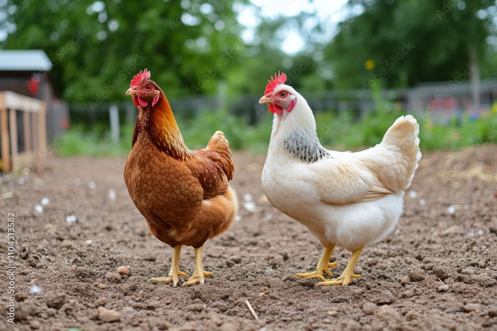 Two chickens in a coop during golden hour enjoying a peaceful moment together Two chickens in a coop during golden hour enjoying a peaceful moment together