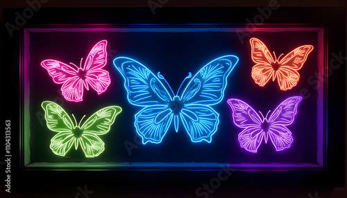 Frame with glowing neon butterfly stickers