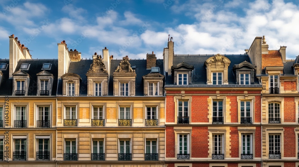 Charming Facades of Historical Buildings Under Soft Blue Sky Charming Facades of Historical Buildings Under Soft Blue Sky