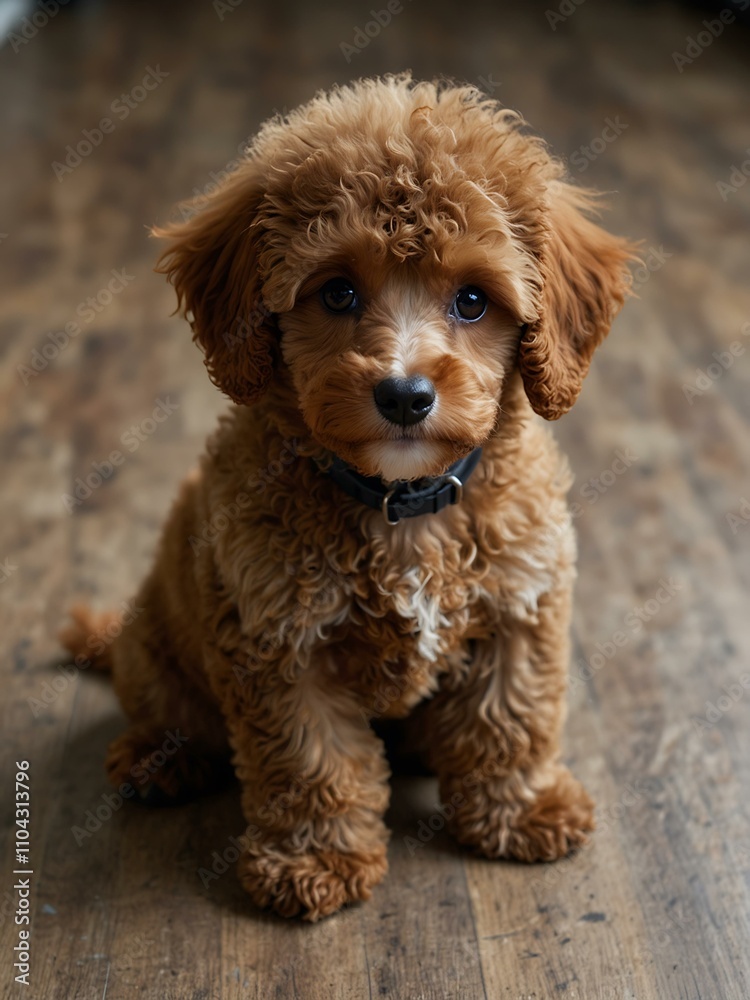 Brown puppy poodle sitting on the floor, gazing at the camera. Brown puppy poodle sitting on the floor, gazing at the camera.