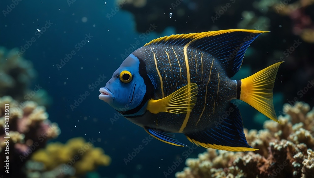 Naklejka premium Blue angelfish with golden lines swimming.