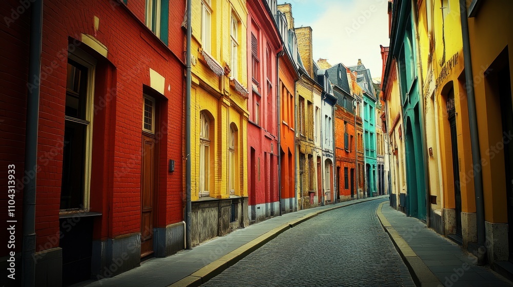 Fototapeta premium Colorful Narrow Street in Historic European City with Cobblestones