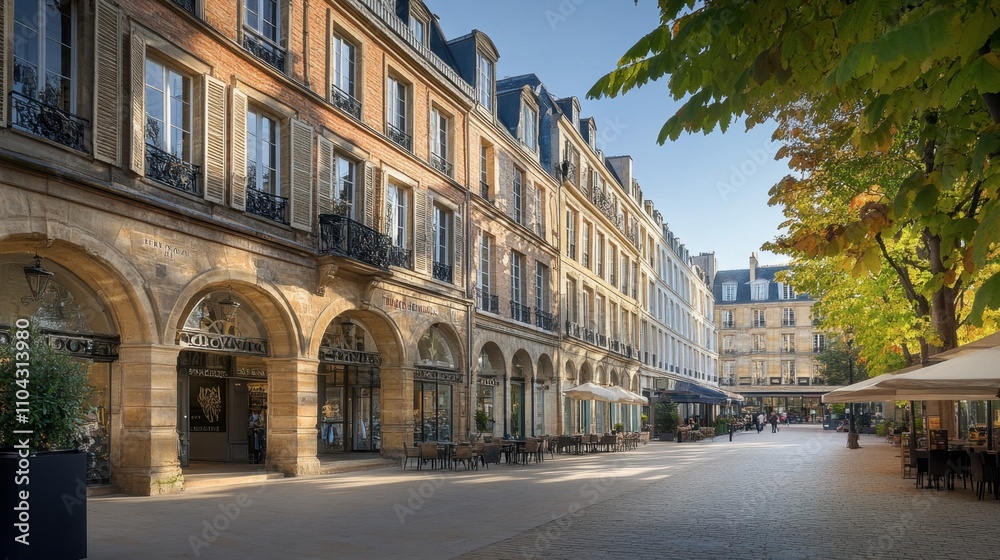 Naklejka premium Charming Street Scene with Elegant Buildings and Outdoor Cafes