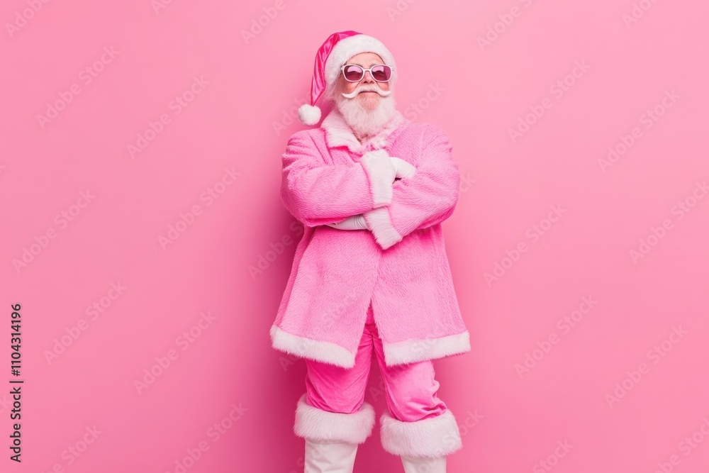 Full size photo of nice charismatic man folded arms empty space wear boots coat isolated on pink color background Full size photo of nice charismatic man folded arms empty space wear boots coat isolated on pink color background