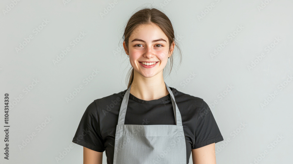 Young caucasian female smiling in apron against neutral background Young caucasian female smiling in apron against neutral background