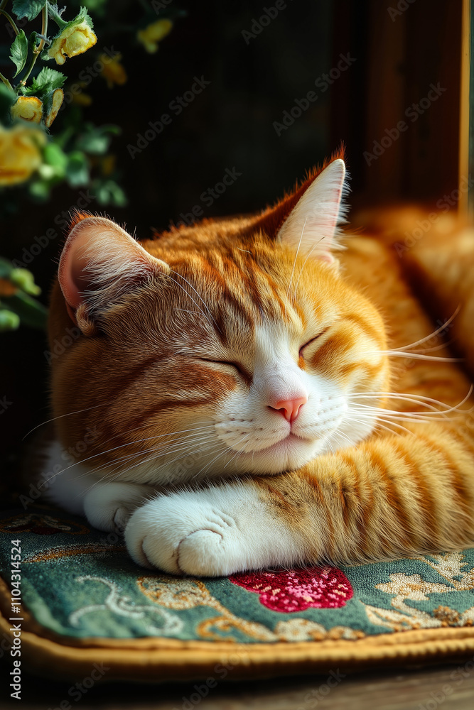 An orange and white cat sleeping on a pillow on a window sill An orange and white cat sleeping on a pillow on a window sill