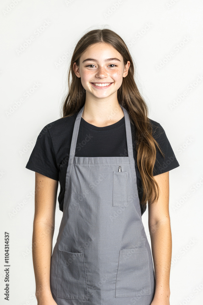 Young caucasian female teen in apron smiling confidently in studio portrait Young caucasian female teen in apron smiling confidently in studio portrait