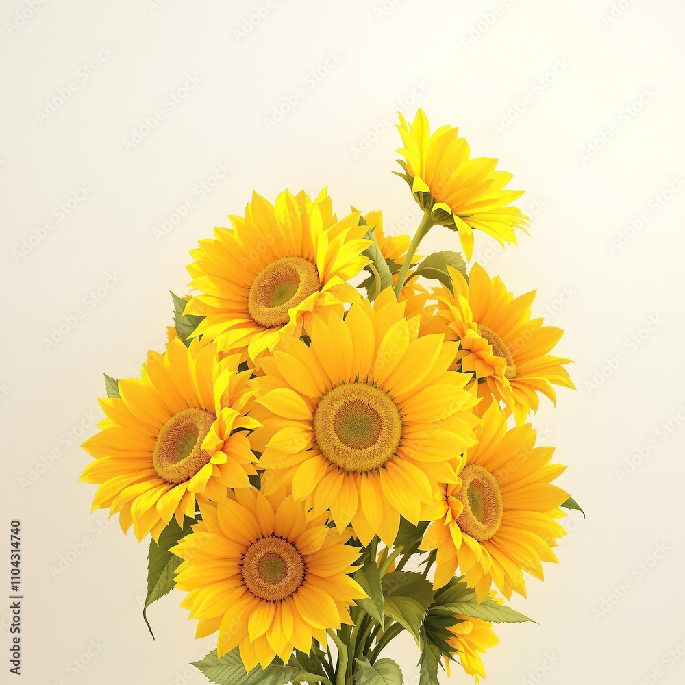 Obraz premium A beautiful arrangement of artificial sunflowers in bright yellow against a soft white background, garden party theme, cheerful vibe, happy decor, soft white background, floral motifs