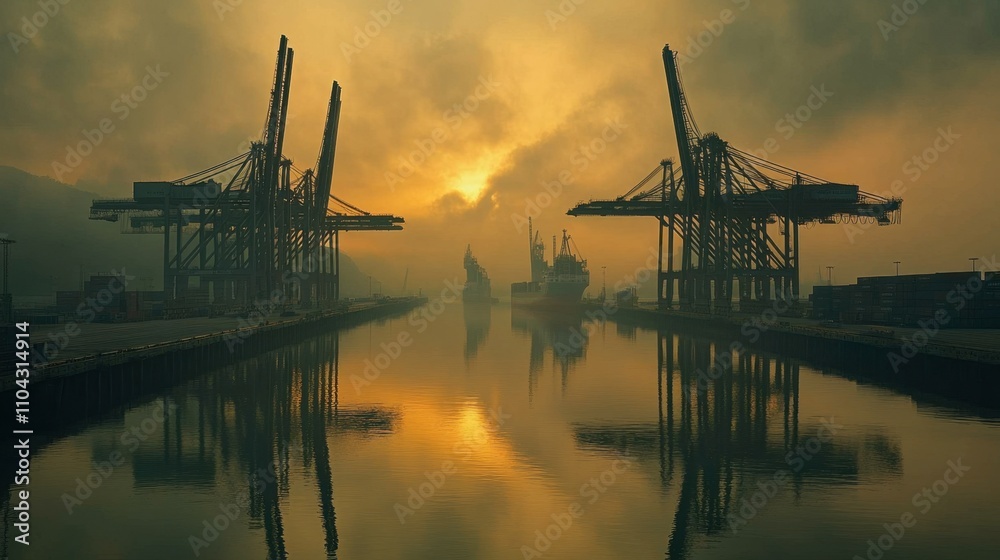 Fototapeta premium Serene Sunset Over Industrial Port with Cranes and Water Reflection