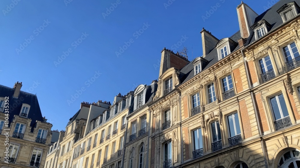 Fototapeta premium Charming Historic Buildings Under Clear Blue Sky in Urban Setting